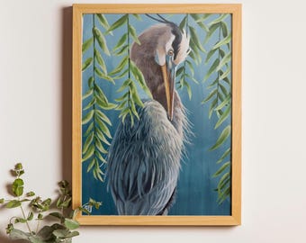 Garza azul entre los sauces - Arte de aves - Decoración de pared de garza azul - Arte de grulla - Pintura de garza azul - Impresión de garza azul - Bellas artes