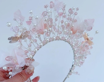 Diadema nupcial de hadas con perlas y cristales rosas, tiara de mariposa y adorno floral para el cabello.