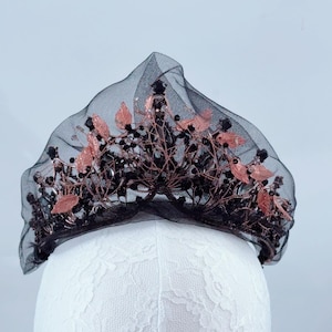 Gothic Black Lace Crown: Rose Gold Leaves Tiara Veil - Halloween Costume