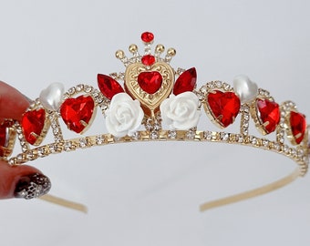 Women Girls Red Heart Queen of Heart Inspired Rose Fairytale Princess Gold Tone Costume match Tiara Crown Headwear
