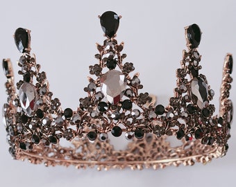 Women Gorgeous Black with Bronze Crystal Metallic Round Shape Witch Queen Tiara Crown Proper Bookshelf Crown