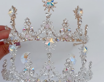 Women Star Moon Celestial Galaxy themed Party Braidemaid Birthday Crystal Rhinestone Bling Tiara Princess Metallic Crown Tiara Photography