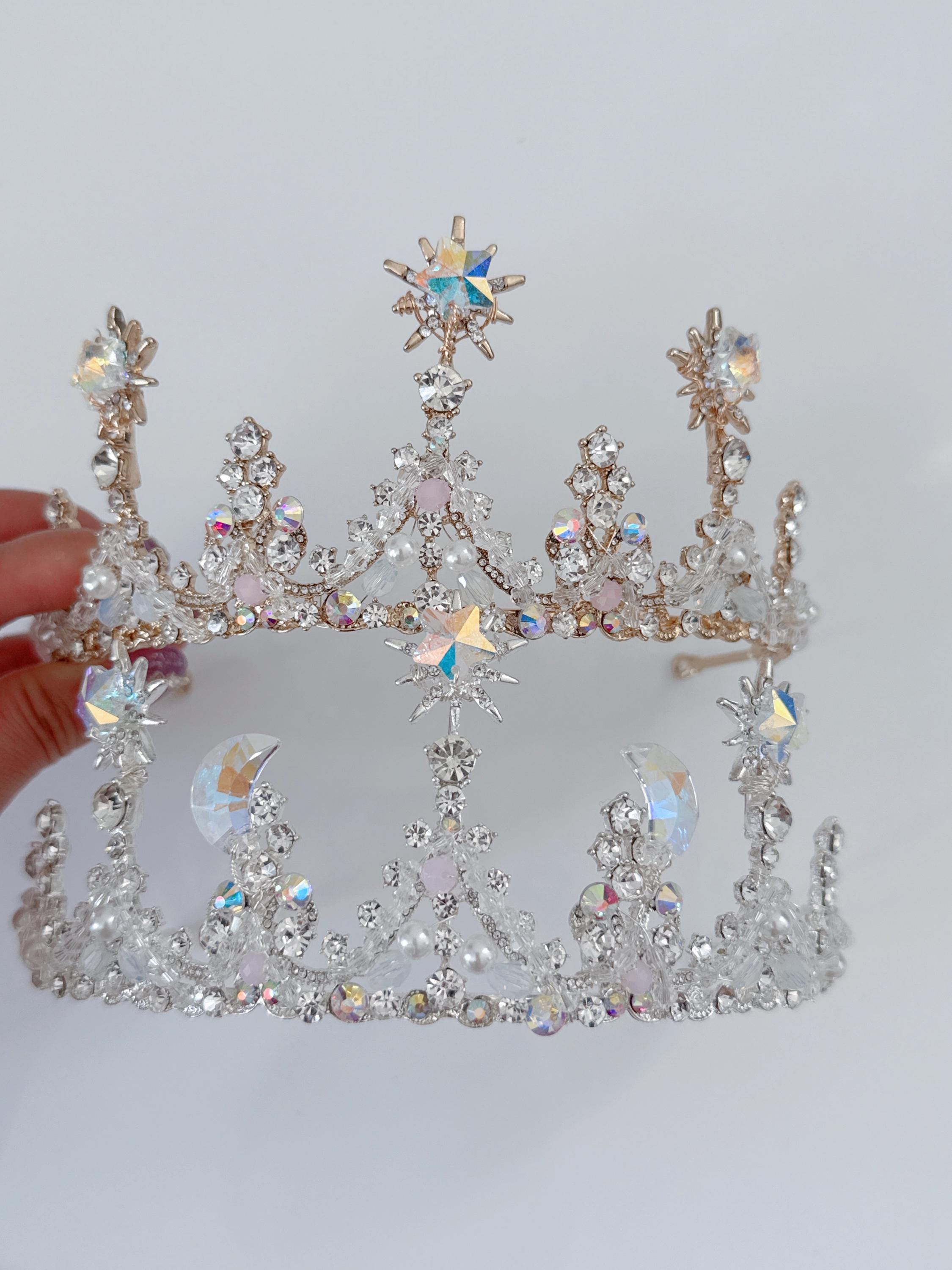 Tiara de princesa con temática de estrella, luna, galaxia celestial, para fiesta, cumpleaños, con cristales y diamantes de imitación, corona metálica, fotografía