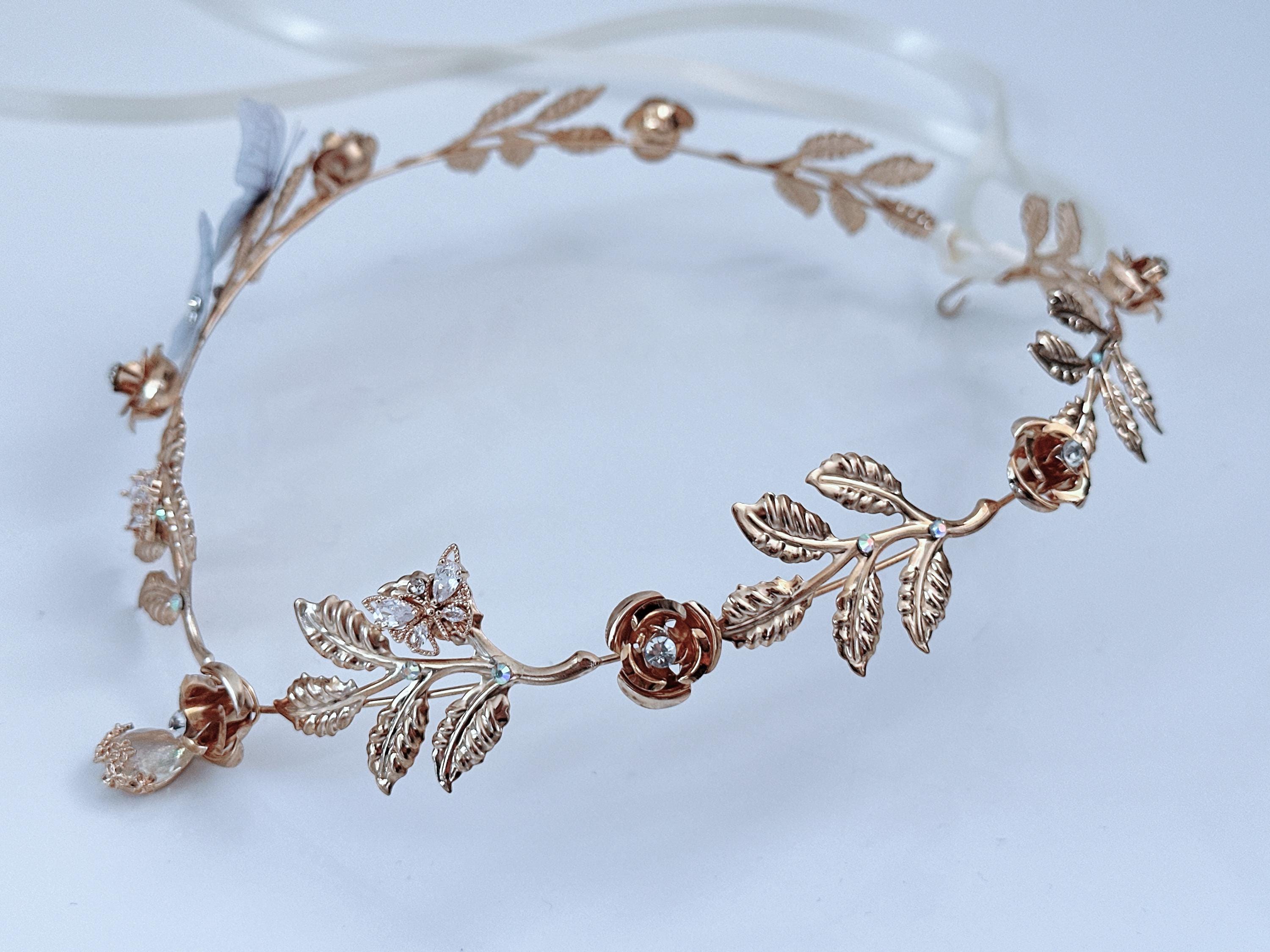 Women Greek BOHO Bohemia Leaf Rose Forehead drop Dangle Fairy Woodland Butterfly Wedding hair Tiara band Headband Head hair Band with Ribbon