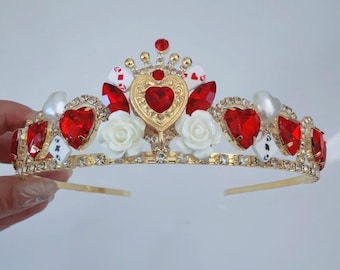 Women Girls Red Heart Queen of Heart Inspired Rose Fairytale Princess Gold Tone Costume match Tiara Crown Headwear