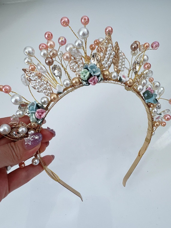Women Lady Gold Tone Pearl Beaded Halo Retro Leaf Headband  display picture 2