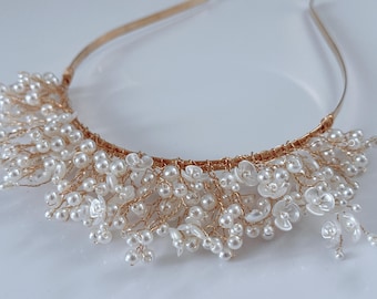 Women Mini Pearls beaded bead Cream White Floral Headband,Halo Elegant pearl tiara Headband,Bridal Hair band Tiara