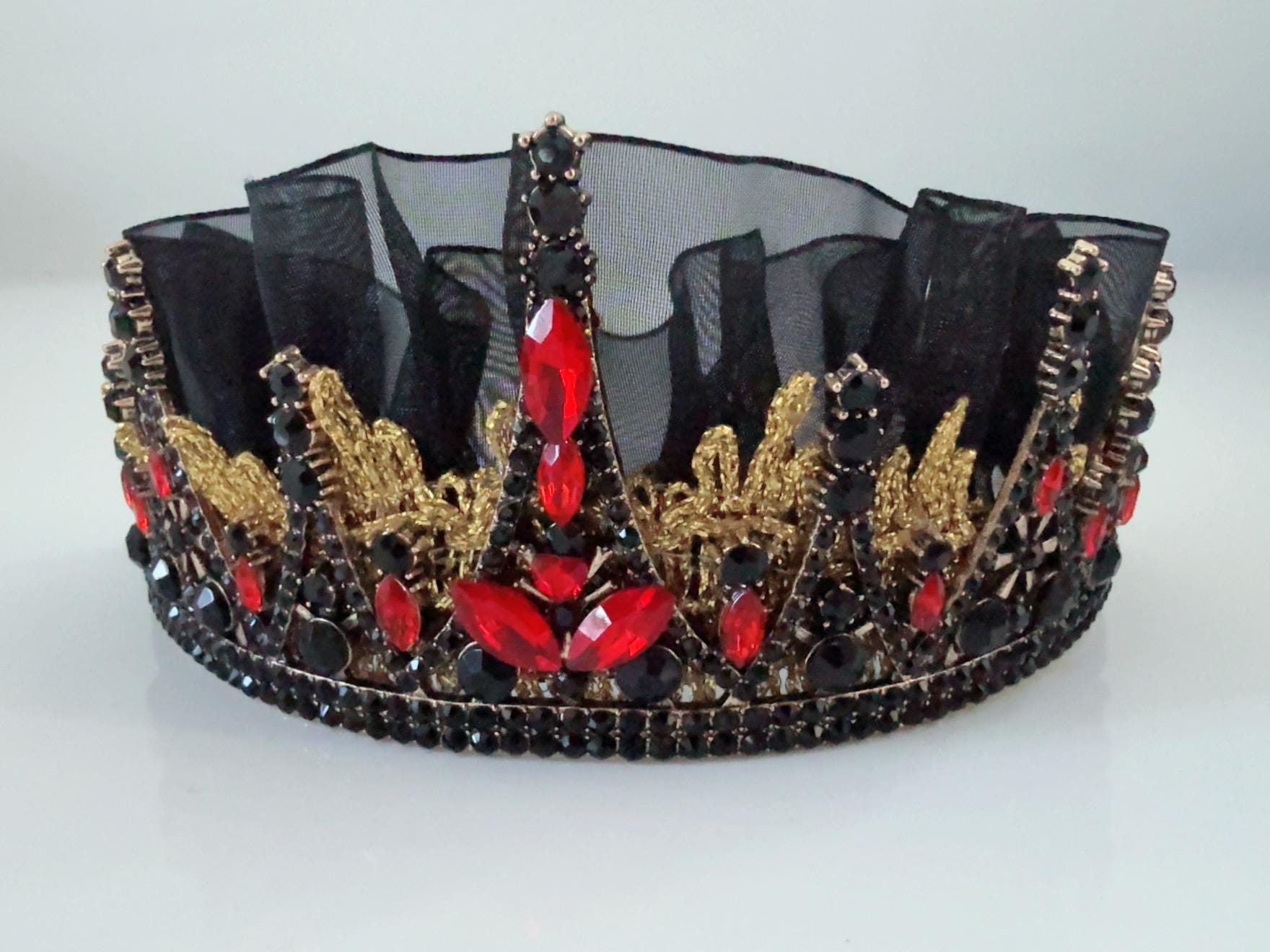 Women Gothic Black & Retro Gold Crown with Red Crystals lace - Queen Tiara, Bridal, Halloween Cosplay, Renaissance Wedding Headpiece crown