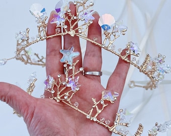 Tiara y corona para disfraz de princesa sirena, concha dorada y estrella de mar para mujer