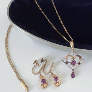 Antique Edwardian Amethyst Lavalier Necklace 9ct Rose Gold Pendant with Swallow Motif Vintage Purple Gemstone Jewelry c.1910 OR Earrings