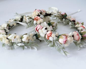 Women Flower Girls Cream White Pink Flower Floral Vine wedding Greenery Fairy Rustic Woodland headband Leaf Bride Tiara Crown Wreath Garland