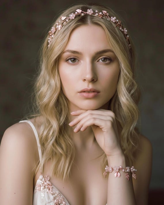Rose Gold Tone leaf Pearl & Pink Dainty Bridal Hair Vine – Wedding Headpiece, Boho Bride Hair Accessory, Flower Girl Halo