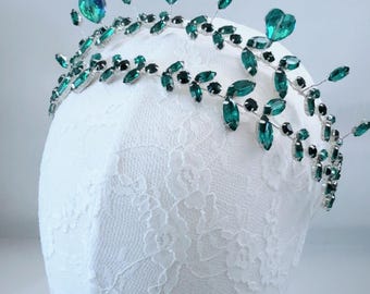 Women Emerald Green Crystal Heart Tiara Silver Wire halo headband for Prom, Wedding or Costume Headpiece hairband Hoop