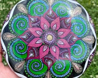 6” round hand painted mandala art stone in beautiful pinks, purples and greens flower theme.