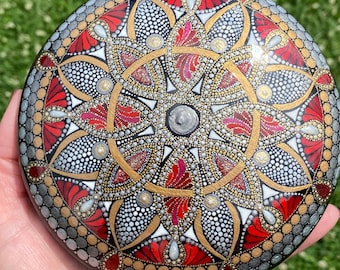 5.5” round hand painted mandala art stone. Celtic design in majestic reds and metals.