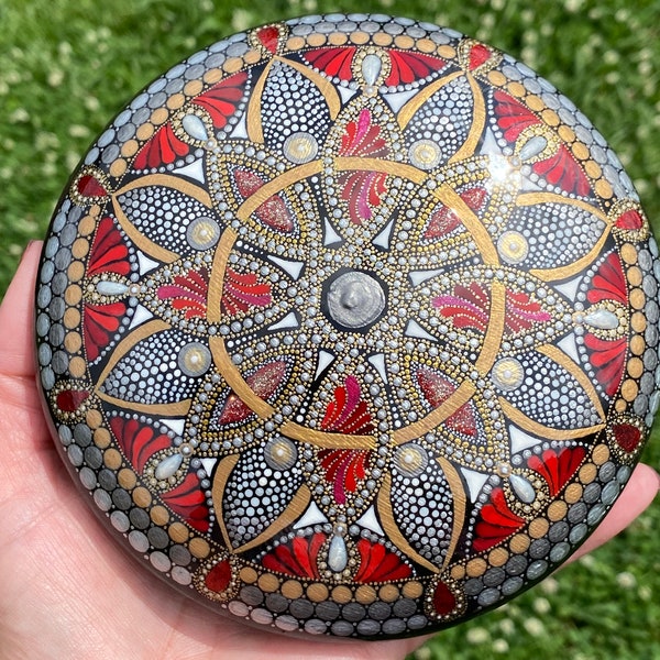 5.5” round hand painted mandala art stone. Celtic design in majestic reds and metals.