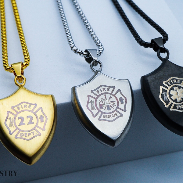 Personalized Firefighter Fire Rescue Shield Necklace, Maltese Cross Shield Necklace