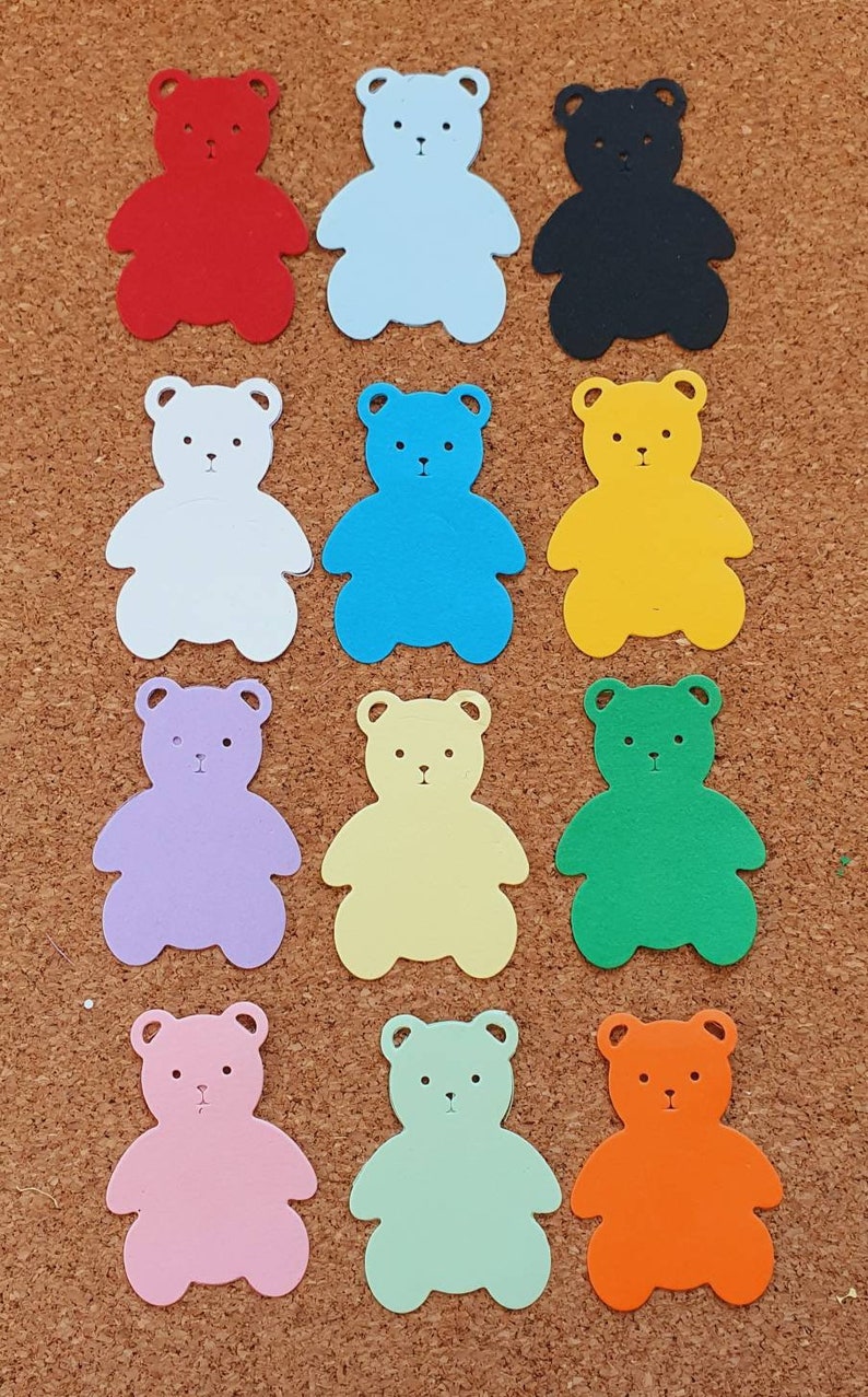 choice of colour embellishments for card or gift tag making Die cut 20 Teddy Bears card toppers scrapbooking journals etc.