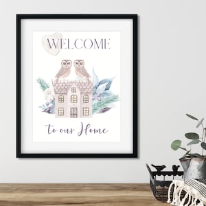 Guest Welcome Sign, &quot;WELCOME to our Home&quot; Owl Printable, Guest Room Wall Art, Pretty Pastel Owl Print & Welcome Quote, DIGITAL Art