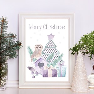 Merry Christmas Owl Print, DIGITAL Owl Art Printable, Christmas Home Decor, PURPLE Christmas Decoration, Wall Art for Christmas, Holiday Art