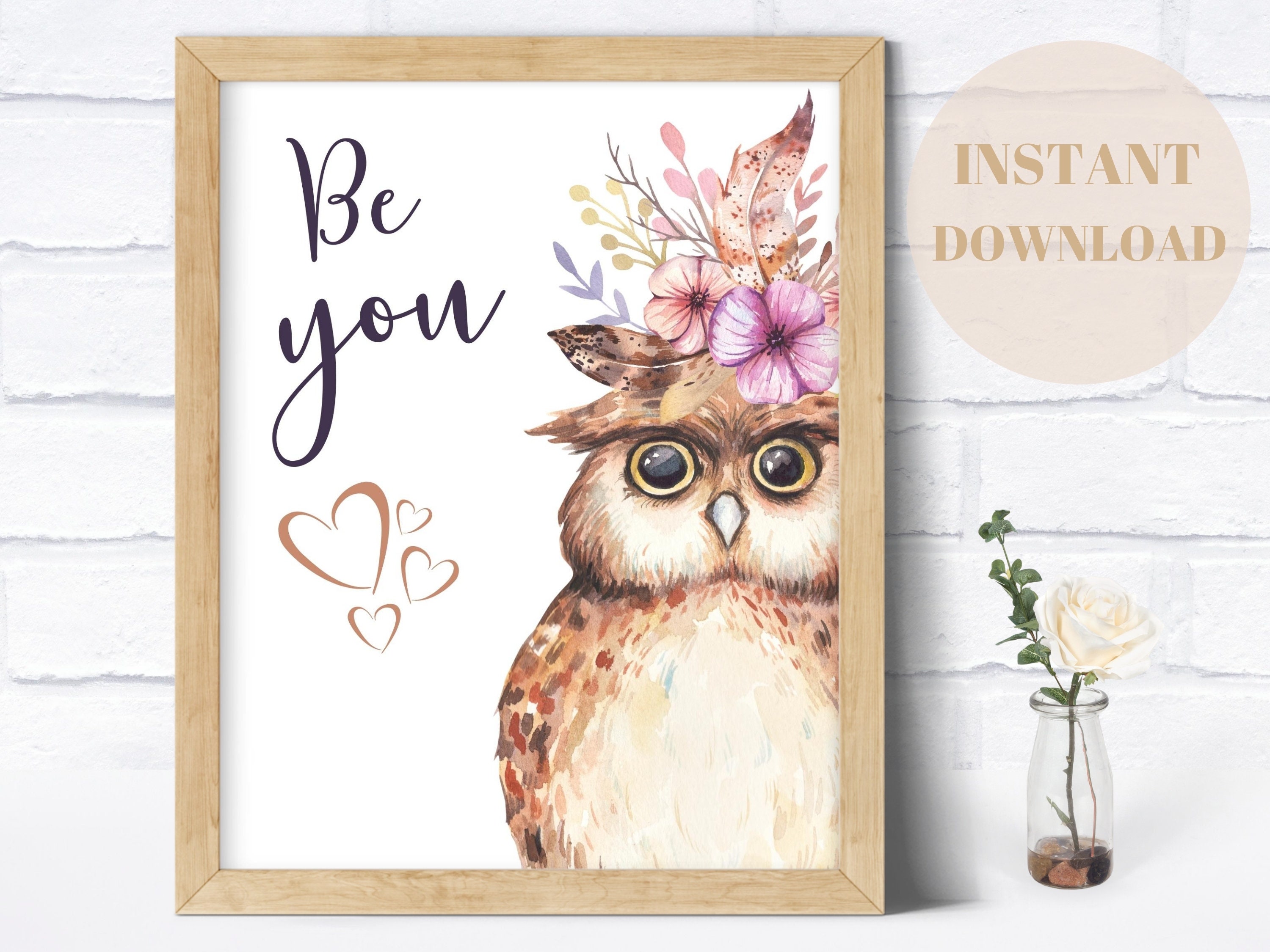 Woodlands Nursery Art Decor, "Be You" PRINTABLE Owl Art, Positive Quote Art Print for Nurs