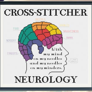 May include: Cross-stitch pattern featuring a brain divided into sections labeled with different interests, such as animals, food, and fandoms. The text reads "With my mind on my needles and my needles on my minders." and "NEUROLOGY".