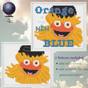 May include: Cross stitch pattern featuring a yellow and orange Sesame Street character with the text "Orange is the new blue".