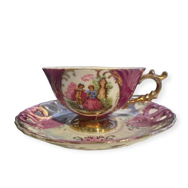 Footed Teacup and Saucer, Reticulated, Courting Couple, Fragonard