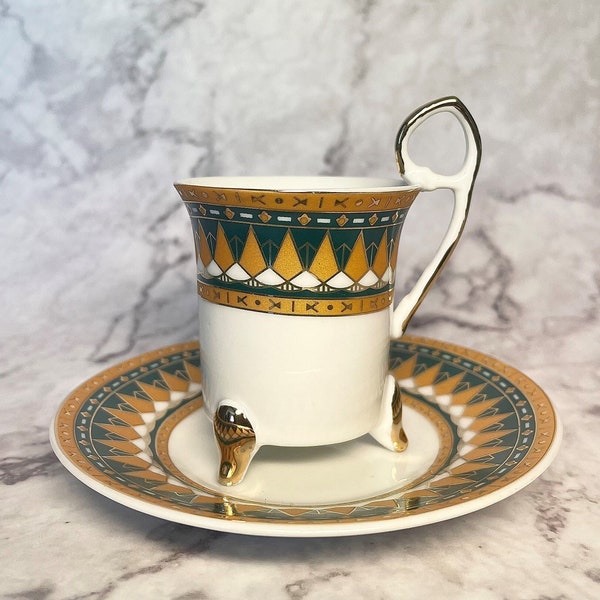 Vintage Footed Cup and Saucer, Demitasse, Green & Gold