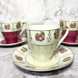 3 Cups and Saucers, Courtship Scene, Vintage