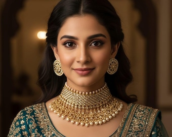 Kundan Pearls Choker Set, Indian Bridal Jewelry