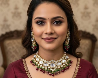 May include: A woman wearing a maroon blouse and a gold necklace and earring set. The necklace features large, clear stones, green and red accents. The earrings match the necklace design. The woman is smiling.