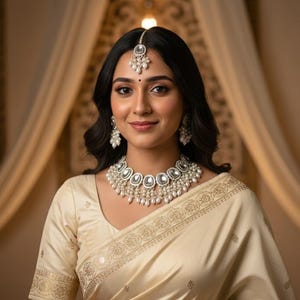 Puede incluir: Una mujer con un sari color crema con bordados dorados, una blusa a juego y joyería tradicional india. La joyería incluye un collar, aretes y una pieza para la cabeza. El fondo presenta tela drapeada y una decoración mural ornamentada.