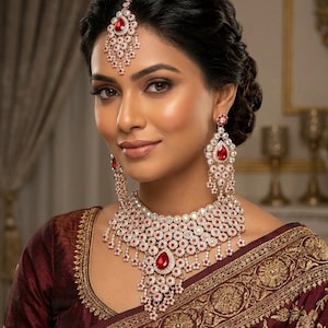 Heavy Bridal Kundan Choker Set with Long Statement Earrings, Maroon Traditional Wedding Indian Jewelry, Bollywood Festive Wear Necklace