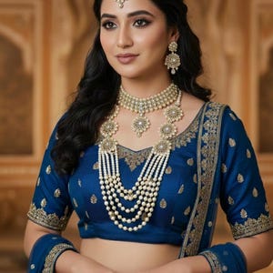 May include: A woman wearing a traditional Indian outfit. The ensemble includes a dark blue blouse and skirt, adorned with gold embroidery. She is wearing a pearl necklace, earrings, and a headpiece. The background is a warm, neutral color.