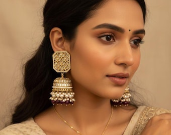 Gold Polki Jhumki Earrings, Bollywood Indian Jewelry