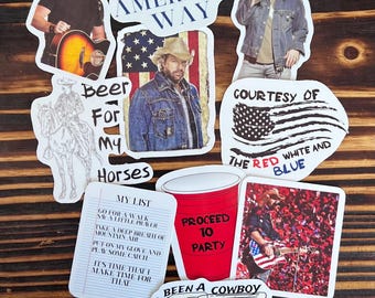 May include: A set of nine stickers featuring a country music artist. The stickers include images of the artist performing, a red solo cup, a list of things to do, a gun, and a horse. The stickers also include the text "It's the American Way", "Beer for my horses", "Courtesy of the red white and blue", "Proceed to party", "Should've been a cowboy", and "My List".