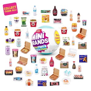 May include: A Zuru Mini Brands spherical container surrounded by numerous miniature food and beverage items, including tiny boxes, bottles, cartons, and containers. A pink sign in the top left corner displays the text COLLECT THEM ALL!