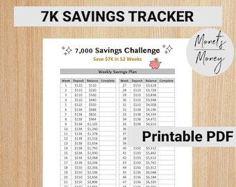 7K Savings Challenge Tracker | 52 Weeks | Savings Tracker | Budgeting Printables | Budgeting Tracker | Progress Tracker | Budget Printable