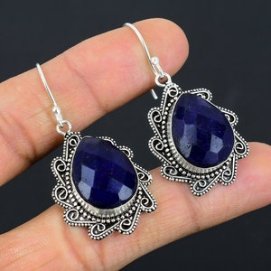 Natural Blue Sapphire (simulated) Gemstone Vintage Earring 925 Solid Silver Earring Handmade Silver Jewelry, Gift For Mom, Gift For Her