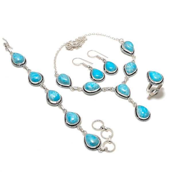 925 Silver Handmade Jewelry Set  Larimar Jewelry Set Necklace Bracelet Set Turquoise Gemstone Jewelry  Best Gift For Mothers Day