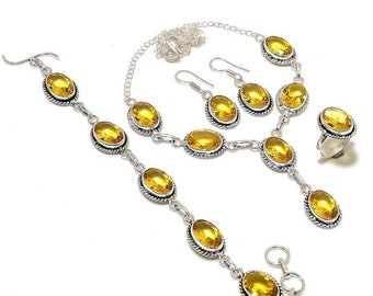 Yellow Citrine Gemstone Handmade Four Piece Jewelry Set -Handmade 925 Silver Jewelry Set - Oval Shape Gemstone- Gift For Mom, Gift For Her