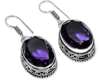 Pendientes vintage de piedras preciosas de amatista africana Sólido 925 Plata de ley Pendientes boho antiguos para mujeres, Pendientes de plata boho hechos a mano