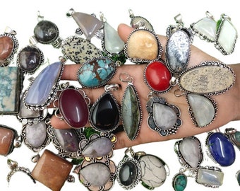 Pendants Lot , Multi Gemstone Pendants Lot , Mix Gemstone Pendant ,Mix Sizes Pendants ,Natural Gemstone Pendant, 925 Silver Plated Jewelry