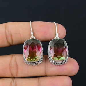 Watermelon Tourmaline Gemstone Earring Vintage Earring Bi-Color Tourmaline Silver Earring Handmade Silver Jewelry Gift For Her R-12C