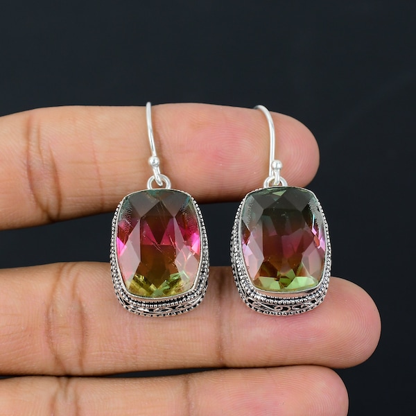 Watermelon Tourmaline Gemstone Earring Vintage Earring Bi-Color Tourmaline Silver Earring Handmade Silver Jewelry Gift For Her R-12C