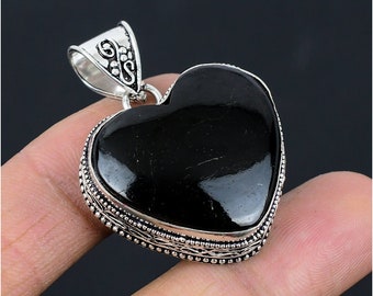 Black Onyx Gemstone Handmade 925 Sterling Silver Pendant, Black Onyx Pendant, Vintage Heart Pendant For Her, Gift For Mom, Pendant For Her