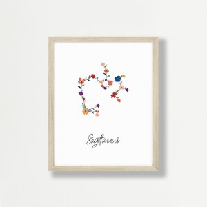 Sagittarius Zodiac Floral Printable Art, Constellation Flower Wall Art Print, Star Sign Digital Poster, Astronomy Gift, Instant Download