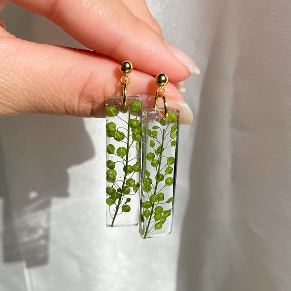 Handmade Green Forest Botanical Earring. | Lepidium Plant | Real Flower | Boho Earring | Resin Jewelry |