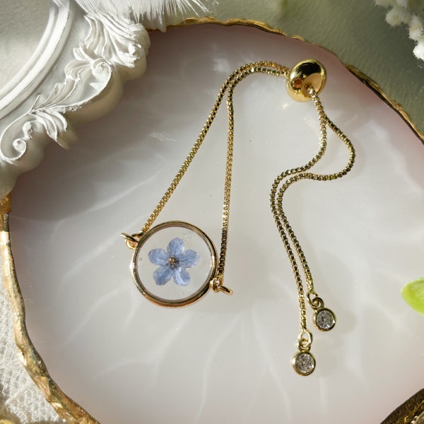 18k Gold Plated Forget Me Not Flower Bracelet. | Real Flower | Resin Art | Adjustable.